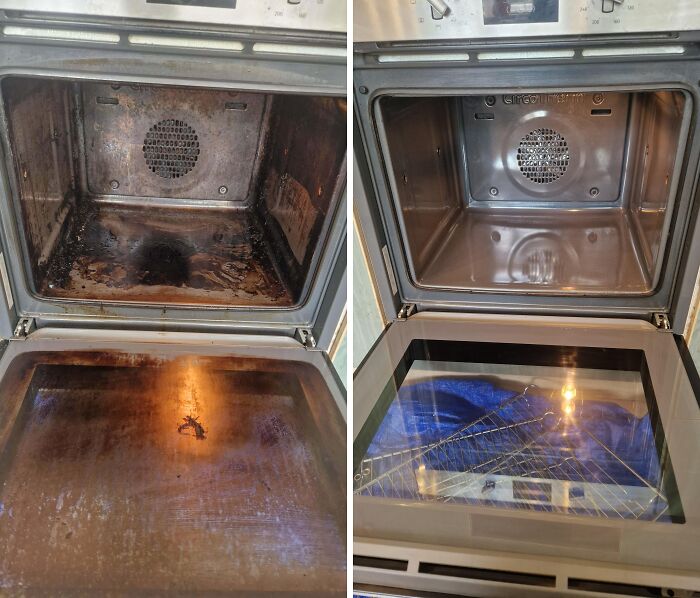 Before and after cleaning photos showing a grimy oven transformed into a spotless and shiny kitchen appliance interior.