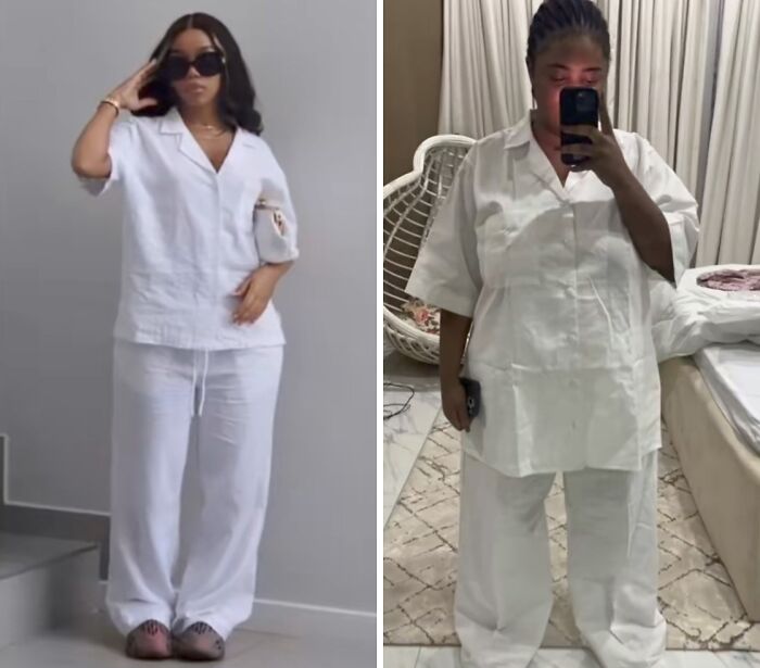 Side-by-side comparison of careless online shopping fail showing expected vs actual loose white outfit fit.