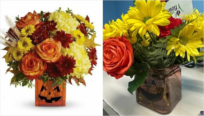 Comparison of carefully arranged fall flowers in a pumpkin vase versus a careless online shopping fail with a wrong flower arrangement.
