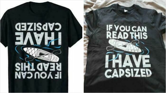 Mismatched t-shirt print showing reversed text, a classic example of careless online shopping backfired in hilarious ways.
