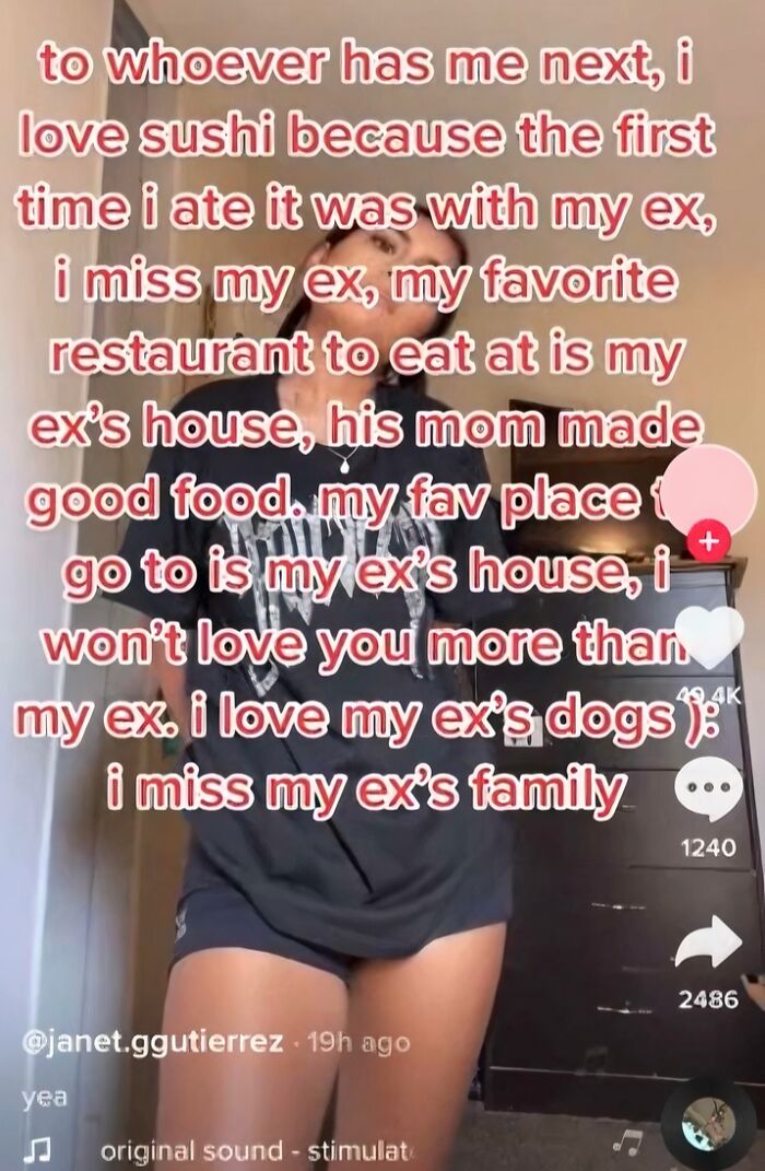 Woman sharing a TikTok screenshot with unhinged text about missing her ex, highlighting unhinged things women said.
