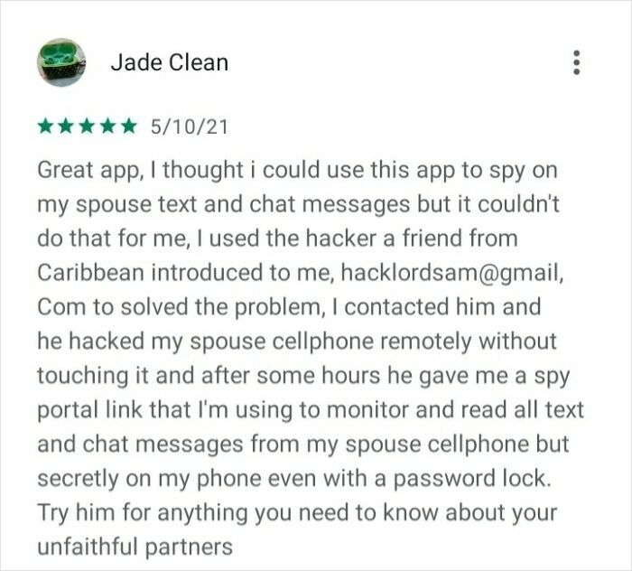 Screenshot of a user review discussing spying on a spouse's messages using an app, related to unhinged things women said.