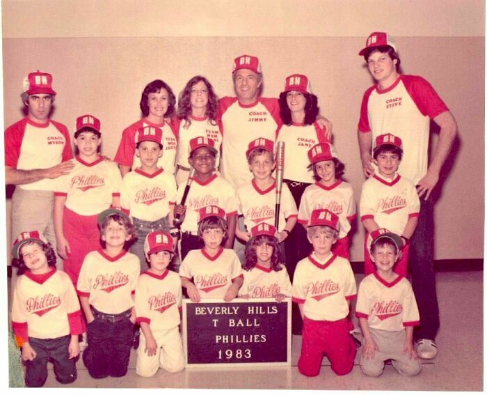 Youth baseball team in 1983 wearing vintage 1980s Phillies uniforms showing wild, weird, and wonderful 1980s style.