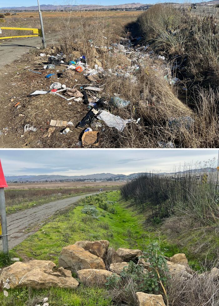 Before and after cleaning photos showing a littered area transformed into a clean, green, and natural outdoor space.