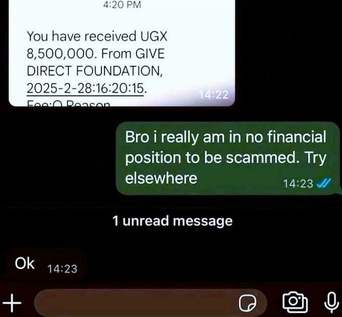 Screenshot of a text conversation showing a clever response to a scam message about receiving money.