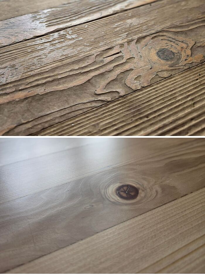 Before and after cleaning photos showing a worn wooden surface restored to smooth, polished wood grain finish.