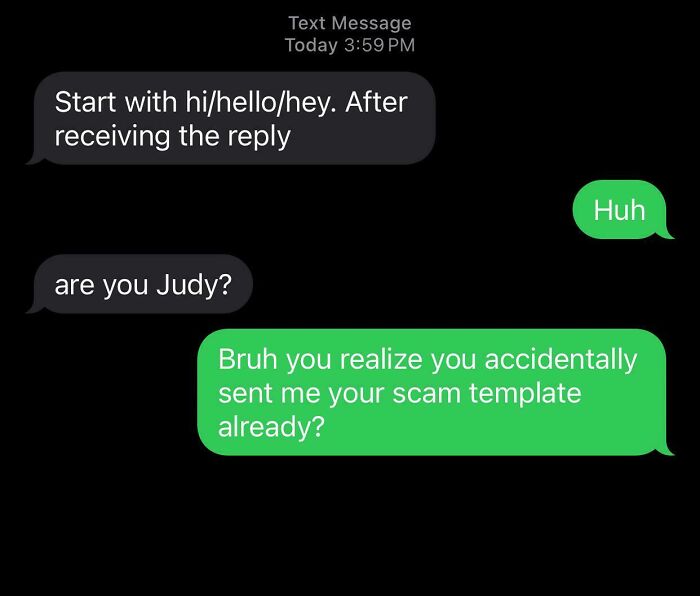Text message exchange showing a person catching a scammer by pointing out they sent a scam template accidentally.