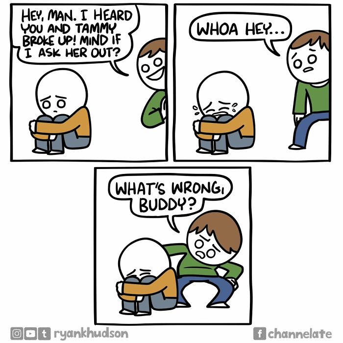 Comic panels showing a friend approaching a sad character, illustrating dark humor in funny comics with unexpected endings.