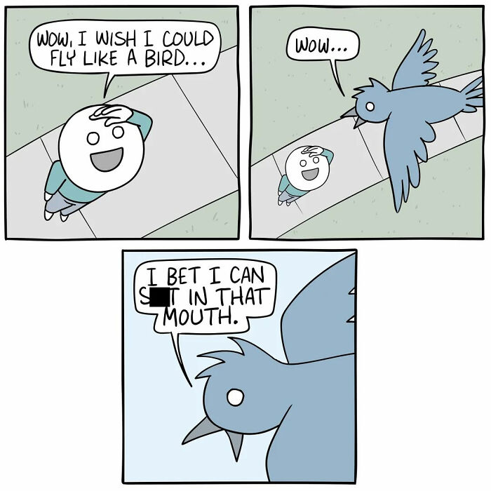 Comic strip with dark humor showing a person wishing to fly like a bird and a bird making a crude joke.