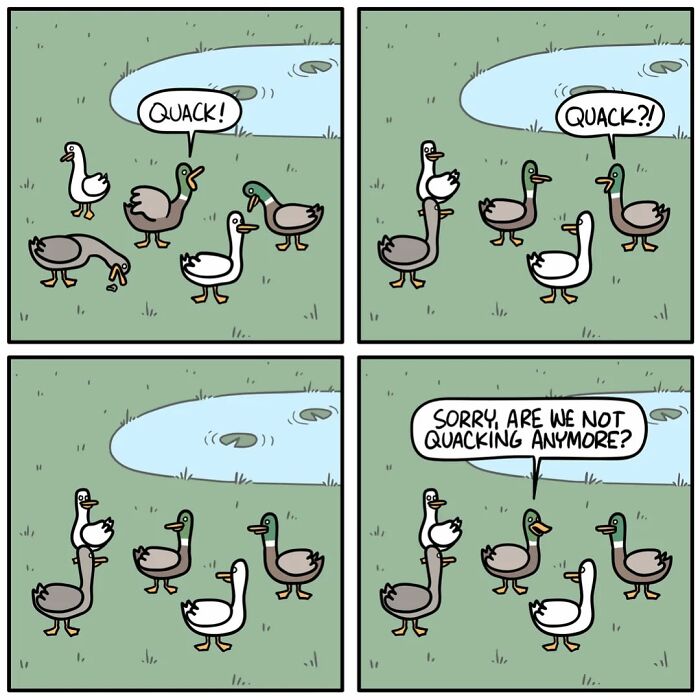 A dark comic scene featuring ducks confused about quacking near a pond, illustrating unexpected endings in funny comics.