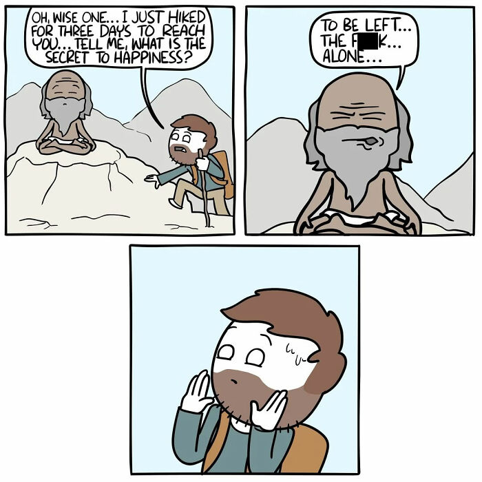 Comic panel from funny and dark comics showing a hiker asking a wise man for happiness advice with an unexpected ending.