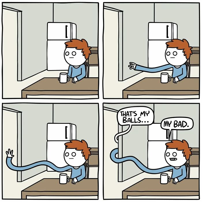 Comic panel from funny and dark comics showing a character with an extending arm apologizing for grabbing balls unexpectedly.