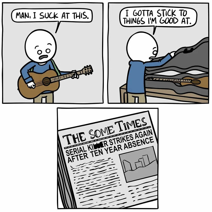 Comic panel from funny and dark comics showing a character struggling with music and a shocking newspaper headline.