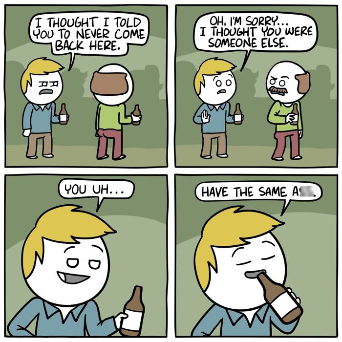 Two men having a darkly funny conversation with drinks, illustrating a comic with an unexpected ending by Ryan Hudson.