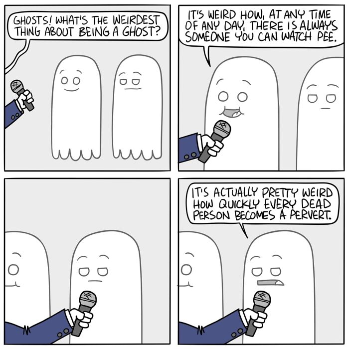Comic featuring ghosts humorously discussing the weirdness of being a ghost with a dark and unexpected ending.