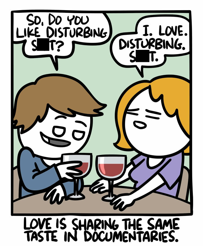 Cartoon showing two people drinking wine and discussing disturbing content in funny and dark comics with unexpected endings.