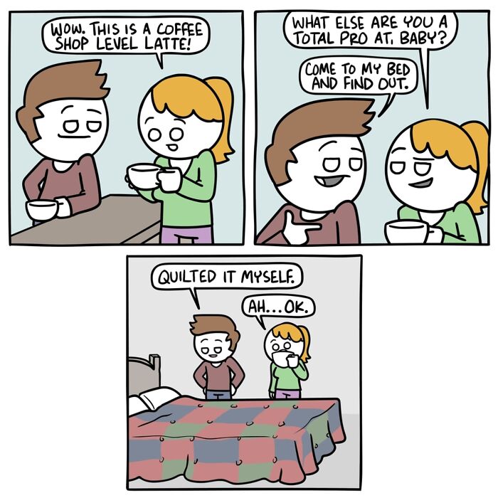 Cartoon of a couple drinking coffee and a dark comic with an unexpected ending featuring a handmade quilt on the bed.