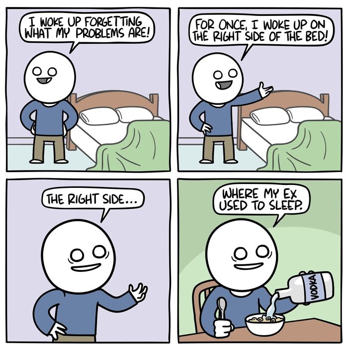 A funny and dark comic character humorously reflects on problems and ex relationship while pouring vodka into cereal.