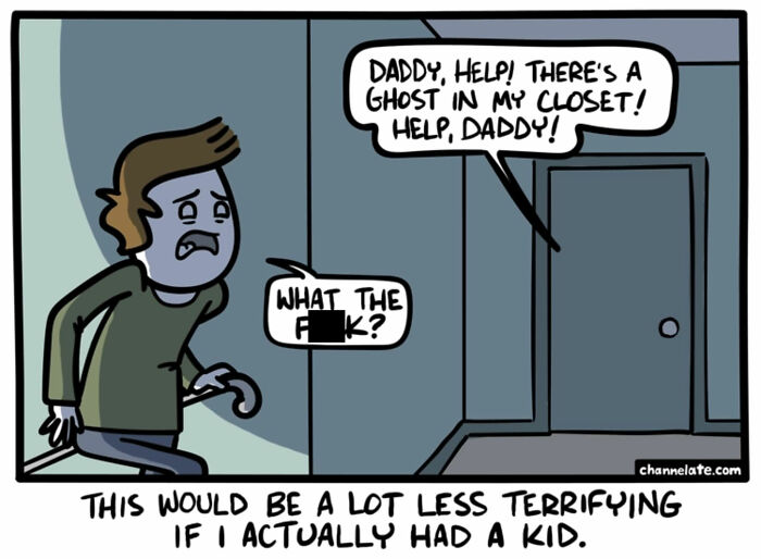 Man reacting scared to a ghost in his closet in a funny and dark comic with an unexpected ending by Ryan Hudson.