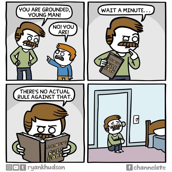 Comic panel from funny and dark comics by Ryan Hudson showing a boy and father arguing about rules with an unexpected ending.