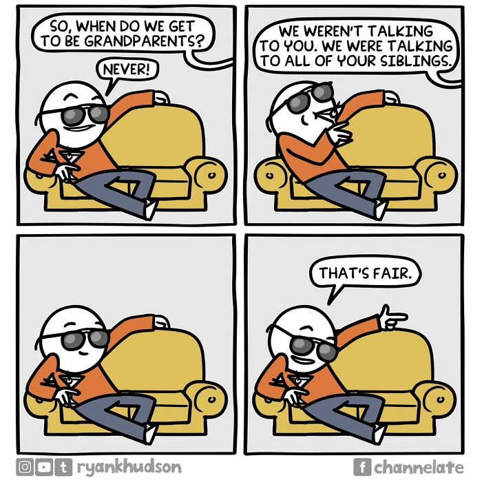 Comic strip depicting dark humor with a character refusing grandparenthood in a funny, unexpected ending style.