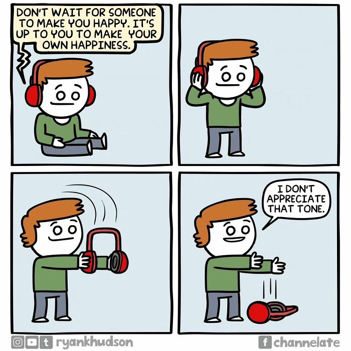 Cartoon character wearing headphones removing them with speech bubble in a funny and dark comic with unexpected endings.