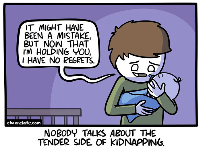 Dark comic panel showing a person holding a baby with a speech bubble about no regrets, highlighting funny and dark comics.