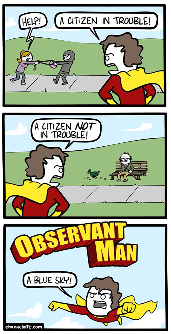 Comic strip from funny and dark comics showing a superhero observing a citizen and a peaceful park scene with unexpected humor.