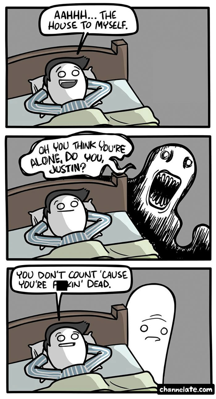 Funny and dark comic showing a man in bed confronted by a ghost with an unexpected ending.