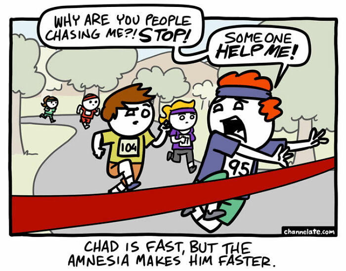 Runner with red hair wearing number 95 panics while being chased in a funny and dark comic with an unexpected ending.