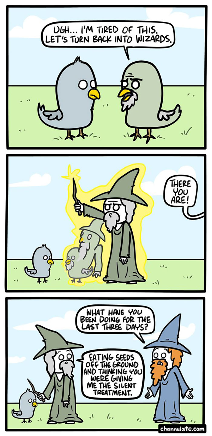 Funny and dark comic panels showing birds turning back into wizards with unexpected endings in a humorous cartoon style.