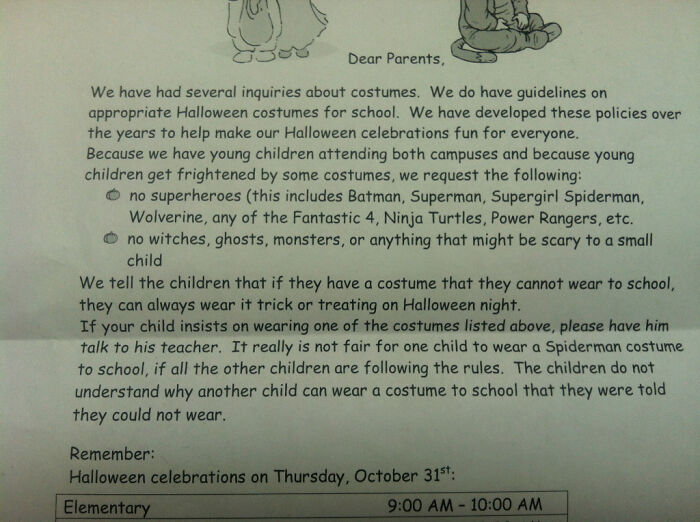 Letter to parents outlining Halloween costume rules for school to prevent scares, a common Halloween fail during celebrations.