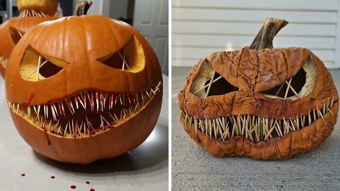Two Halloween fails showing a fresh pumpkin with toothpicks and a dried, shriveled pumpkin with a similar scary toothpick design.