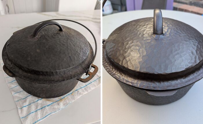 Before and after restoration of a hammered metal pot, showcasing landlord special restoration to original condition.