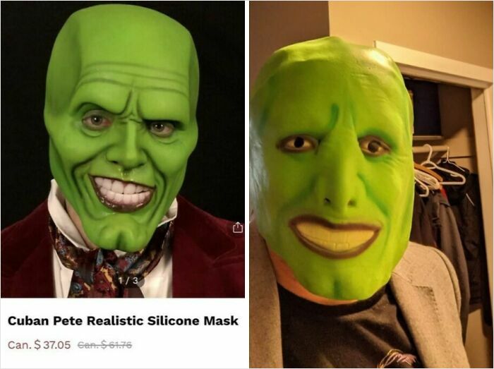 Side-by-side comparison of a realistic green silicone mask and a failed Halloween mask version, Halloween fails theme.
