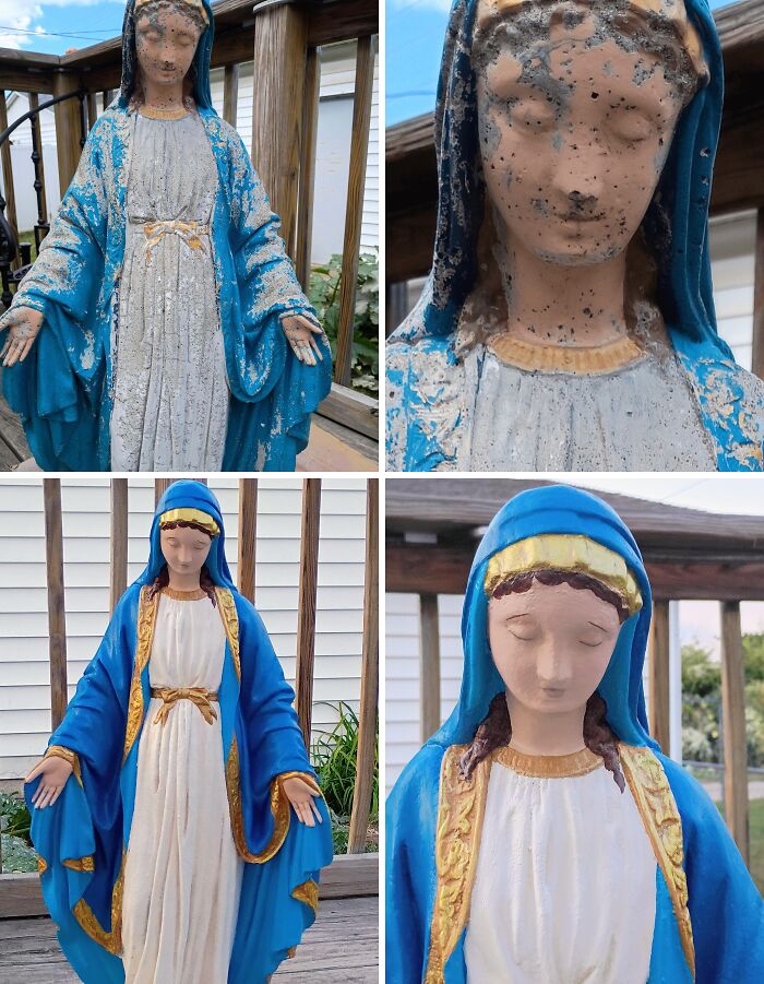 Collage showing a weathered statue before and after restoration, highlighting landlord special restoration results.
