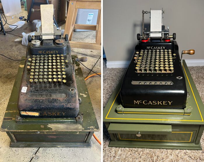 Vintage McCaskey adding machine before and after restoration showing original glory and detailed repairs.