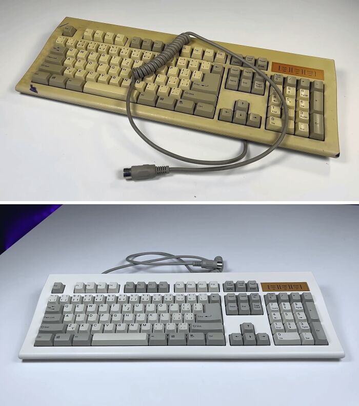 Before-and-after images of a restored vintage keyboard showing cleaning and refurbishment to original condition.