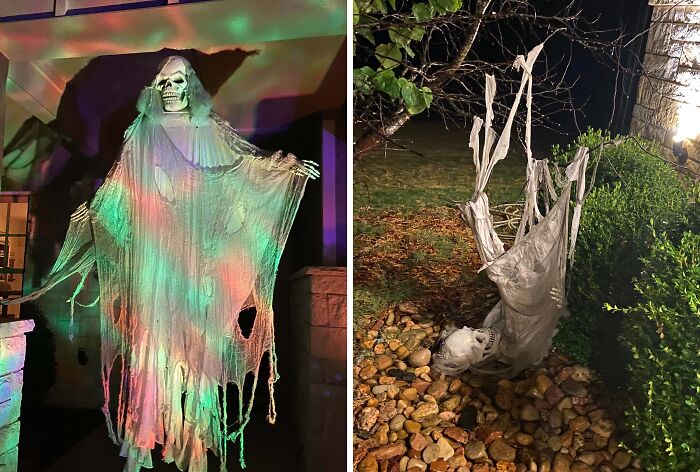 Halloween fails showing a broken skeleton prop hanging awkwardly outdoors with dim spooky lighting effects.