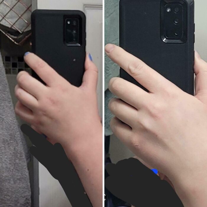 Comparison of two hands holding a black phone case, showcasing a moderately interesting difference in skin tone and lighting.