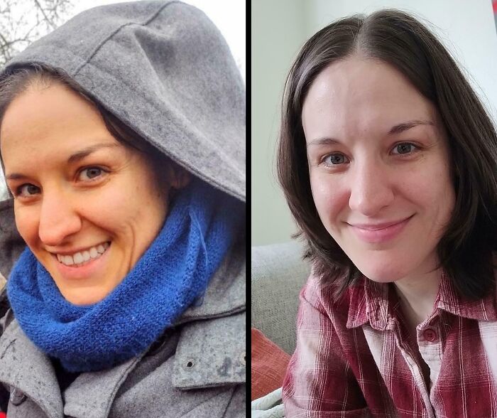 Side-by-side photos of a woman outdoors in a blue scarf and indoors in a plaid shirt, shared as moderately interesting pictures.