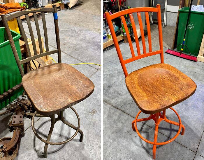 Before and after image of a landlord special chair restored to its original glory with fresh orange paint and polished wood seat.