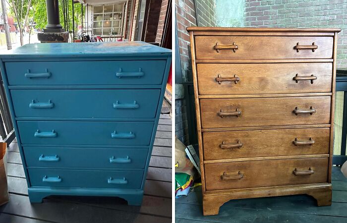 Before and after restoration of a wooden dresser showing the transformation back to its original glory.