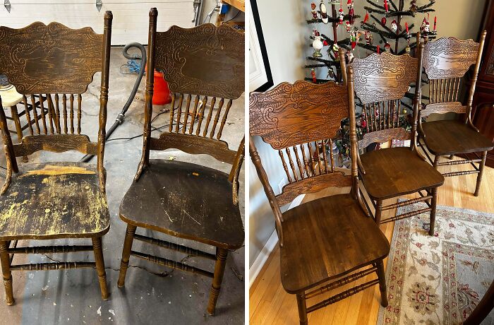 Wooden chairs before and after restoration, showing the process of being restored to their original glory in a landlord special.