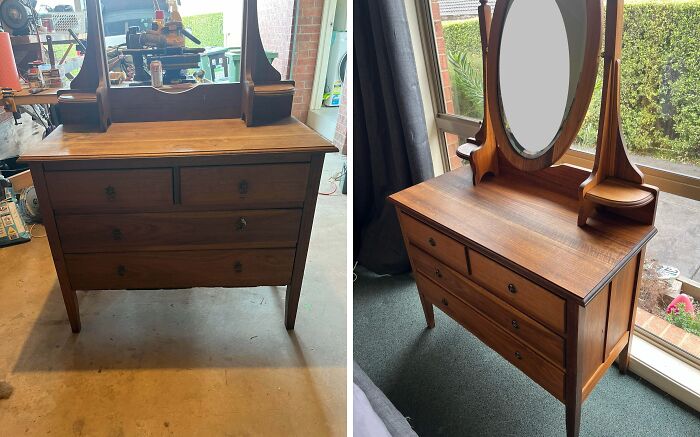 Before-and-after photos of a restored wooden dresser with mirror, showcasing furniture restoration and landlord special transformation.