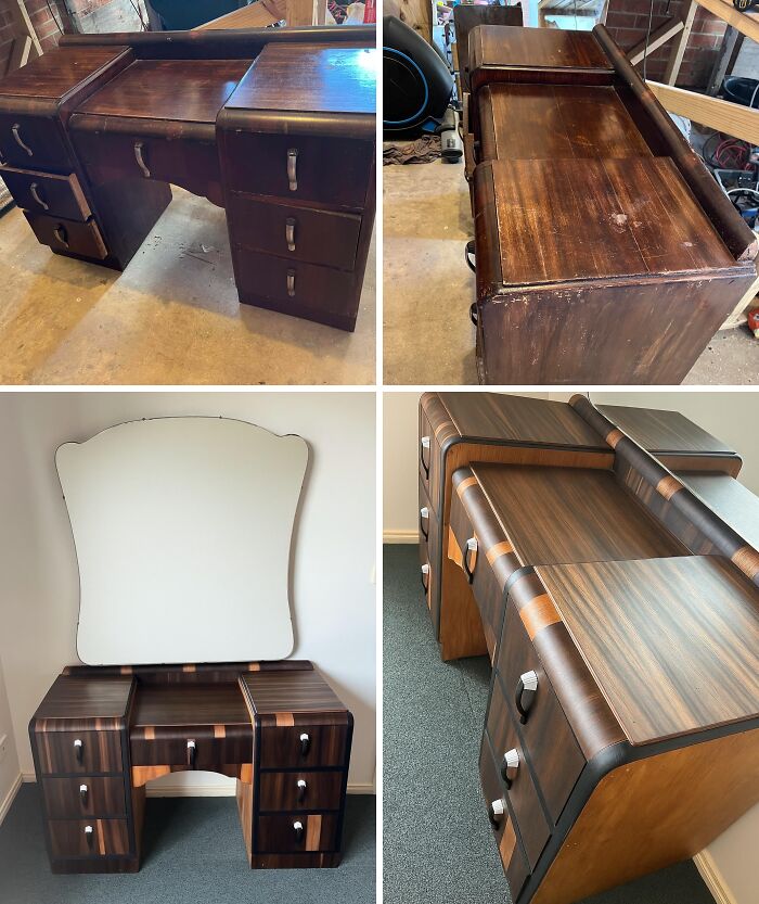Before and after restoration of a vintage wooden vanity desk, showing renewed finish and polished drawer handles.