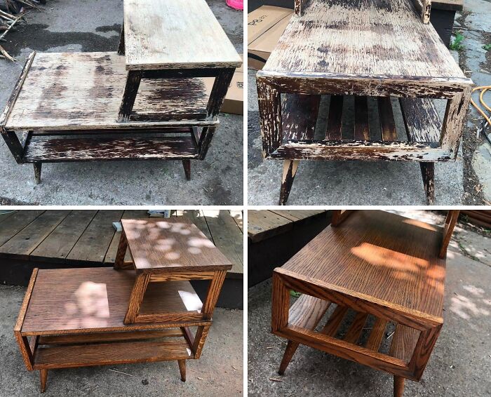 Before and after photos of a wooden table being restored to its original glory in a landlord special restoration project.