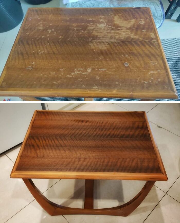 Before and after restoration of a wooden table, showcasing landlord special wood furniture restored to original glory.