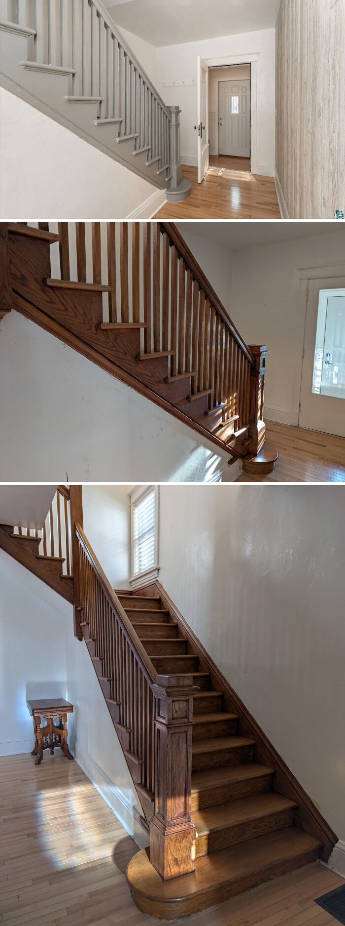 Before and after restoration photos of a landlord special wooden staircase brought back to original glory.