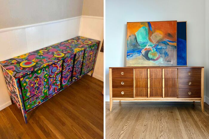 Before-and-after images showing a landlord special furniture piece restored to its original glory on hardwood floors.